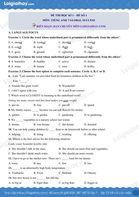 Đề thi học kì 1 Tiếng Anh 7 Global Success - Đề số 1